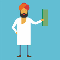 Minimalist vector illustration of a male teacher with turban, pointing to whiteboard, holding a book, educational theme