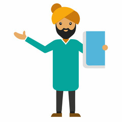 Minimalist vector illustration of a male teacher with turban, pointing to whiteboard, holding a book, educational theme