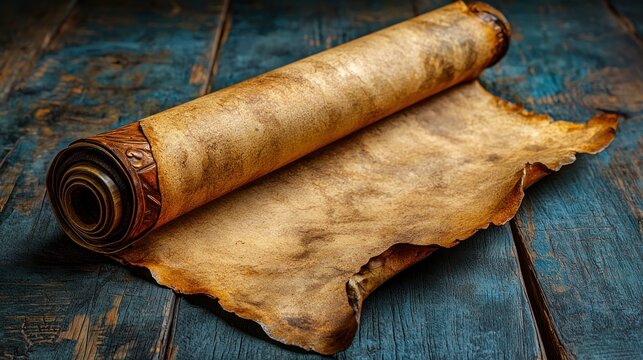 Aged parchment scroll on weathered wood - Powered by Adobe