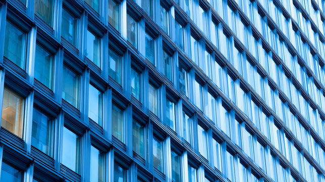 Modern glass facade of an urban building with repetitive window patterns