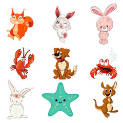Vector art of a cheerful collection of adorable cartoon animals, isolated on white background