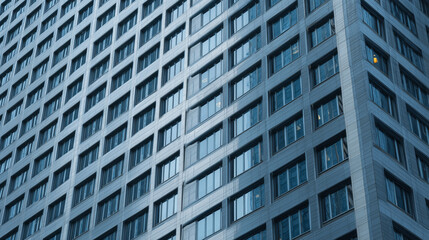 Fototapeta premium Modern office skyscraper facade with reflective windows and repeating patterns