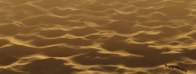 Panorama view to colorful sand dunes with camel caravan in the evening light. 3D Rendering