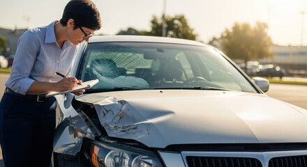 Woman Inspecting Damaged Car After Accident On Road