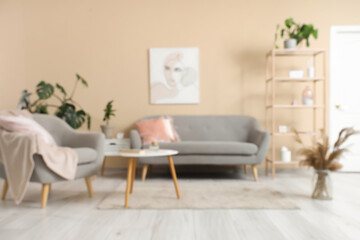 Stylish living room with comfortable grey  sofa, coffee table and armchair with plaid, blurred view