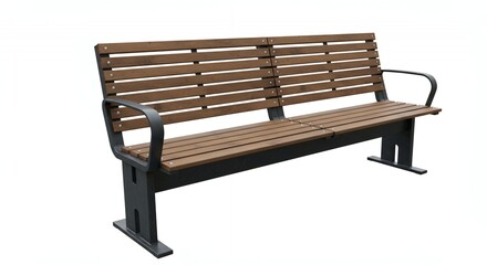 Brown Wooden Public Bench with Metal Frame Isolated by White Screen