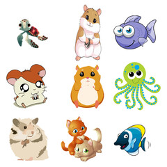 Vector art of a collection of adorable cartoon animals, including hamsters, kittens, a turtle, fish, and an octopus, isolated on white background