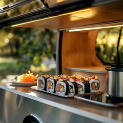 A close-up of a gourmet food van serving freshly made sushi rolls.