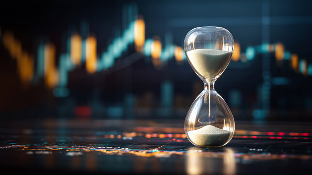 Hourglass on a trading screen with financial chart in background