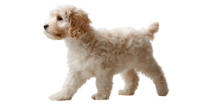 Adorable Puppy with Fluffy Coat Stepping Forward on isolated background, generative ai