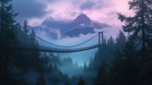 Fototapeta Misty forest with a rope bridge stretching between trees at sunrise in soft tones.