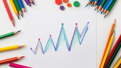 Colorful hand-drawn graph surrounded by colored pencils and small circles