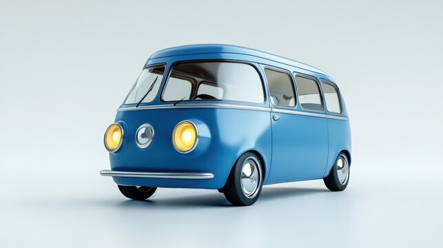 3D rendering of a vintage blue microbus in minimalist studio lighting.