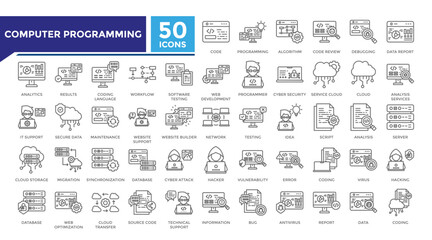 Computer programming lineal icon set collection. This set includes algorithm, cyber security, server, database, coding, hacker and more icons in lineal style. Vector icons collection for infographics
