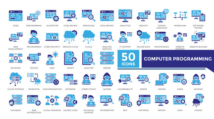 Computer programming icon solid two color set collection. This set includes algorithm, cyber security, database, coding, hacker and more icons in solid style. Vector icons collection for infographics