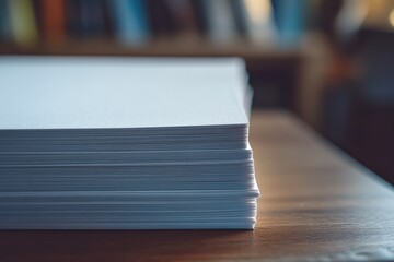 Stack of blank white paper on a wooden table.  Blurred bookshelves in the background