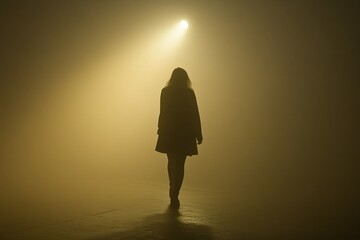 Woman walking alone into a bright spotlight in a dark, foggy atmosphere