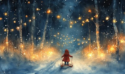 whimsical watercolor of a child leading a sled through a snowy forest, with soft glowing fairy lights hanging above, Generative AI