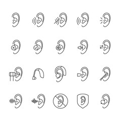 Hearing icons set. Listen, ear, deafness signs, line style editable stroke.