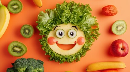 Creative fruit face made from vegetables and fruits on a vibrant orange background