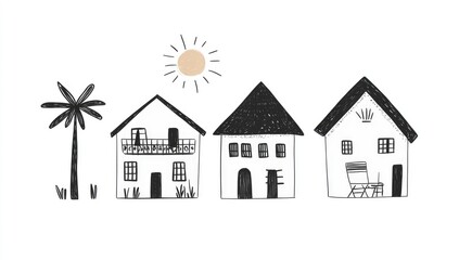 Fototapeta premium Three simple, stylized houses, a palm tree, and sun, in a minimalist design