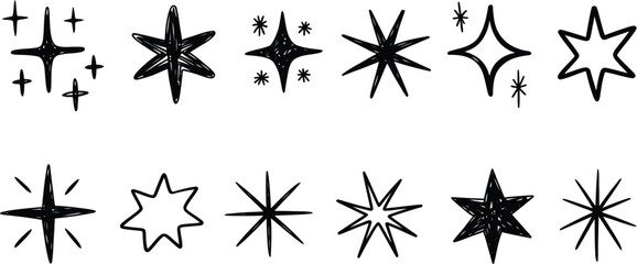 Collection of hand drawn black and white star shapes in a row format
