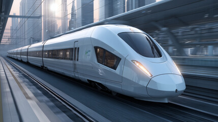 Naklejka premium Futuristic high-speed train traveling through a modern urban environment