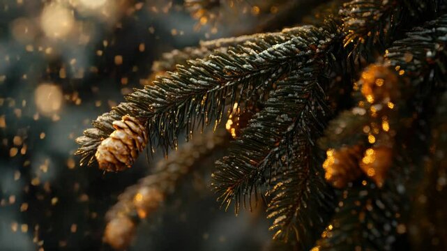 A detailed view of a pine cone on a tree branch.