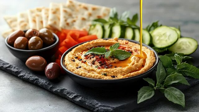 Hummus platter with pita bread, olives, and cucumber slices.