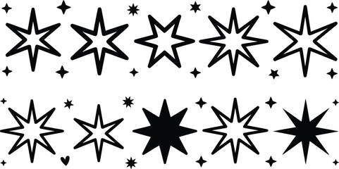 Illustration of black starbursts and stars arranged in two rows design