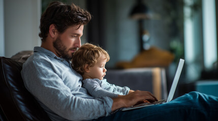 Father working on a laptop while holding a child in a cozy home