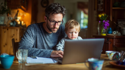Father multitasking while working on laptop with toddler sitting on his lap