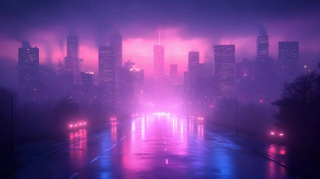 Cyberpunk Cityscape Night Road with Fog, and Neon. - Powered by Adobe