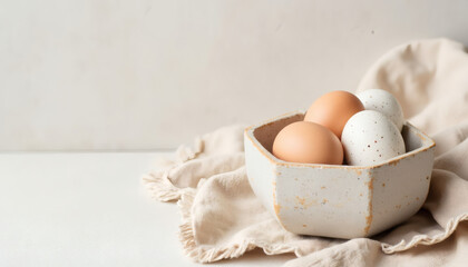 Eggs in a ceramic bowl on a neutral fabric background  