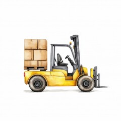 Yellow Forklift Carrying Cardboard Boxes Watercolor Illustration