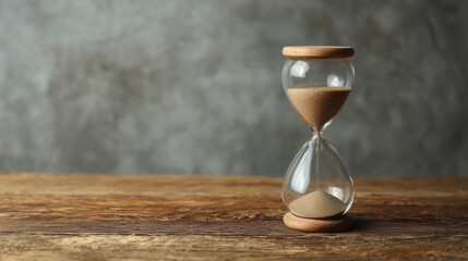 Minimalistic hourglass on rustic table with a grunge gray background