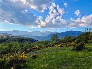 Scenic view of rolling hills, mountains, and a cloudy sky under sunlight. Mountain range with wildflowers. Landscape with Rolling Hills and Cloudy 