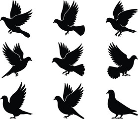 Collection of nine black silhouette doves in various flying positions
