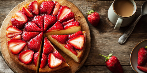 Fresh strawberry cake ,  sweet dessert bakery food decorated with berries and coffee cup on rustic background table