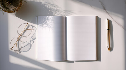 Open notebook with a pen and glasses on a bright minimalist desk