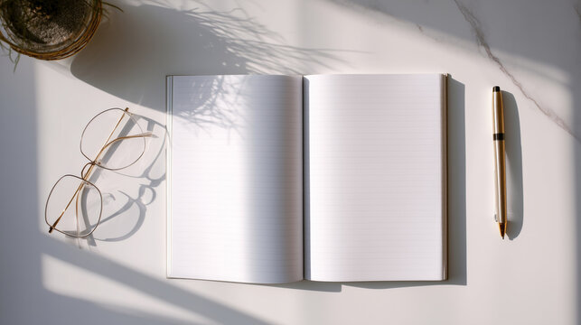Open notebook with a pen and glasses on a bright minimalist desk