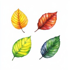 Obraz premium Watercolor Autumn Leaves Yellow, Red, Green, and Blue Green Foliage on White