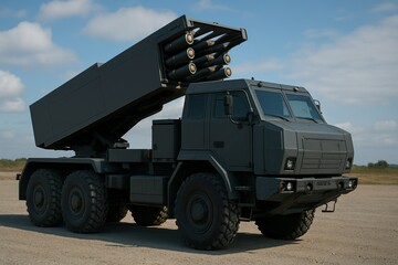 Military truck with rocket launcher on a sunny day in a rural landscape, showcasing modern military technology and design