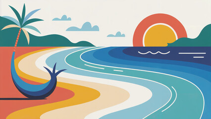 Artistic illustration depicting a vibrant beach scene at sunset with a palm tree and stylized waves creating a soothing ambiance.