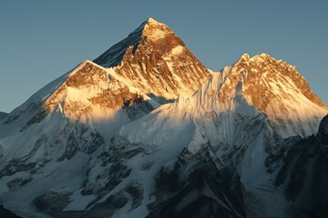 Majestic Snow-Capped Mountain Peak at Sunset with Golden Highlights and Clear Blue Sky in Scenic Landscape