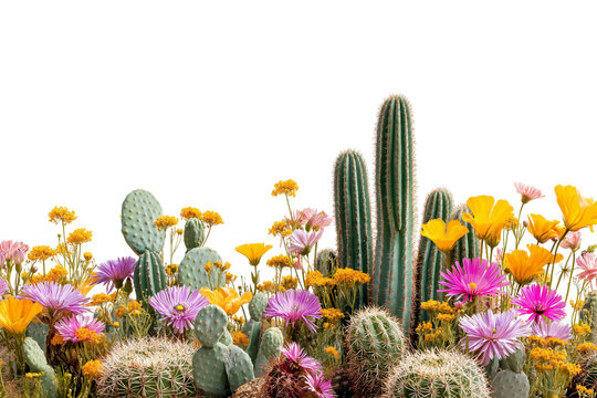  vibrant display of blooming cacti with colorful flowers isolated on white background