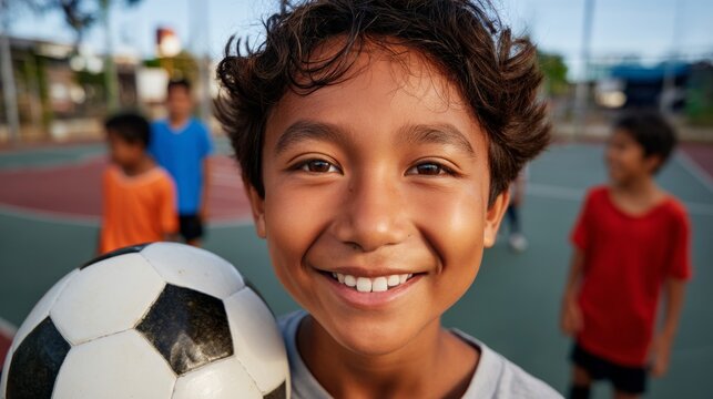 "A young male soccer player holding a ball, smiling at the camera, standing outdoors in front of a group of other young players." - Powered by Adobe