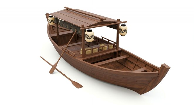 Detailed Pixel Art of a Wooden Japanese Wasen Boat Model with Traditional Lanterns and Oars on White Background