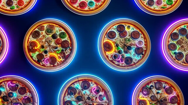 Glowing neon pizzas creating a vibrant culinary scene.