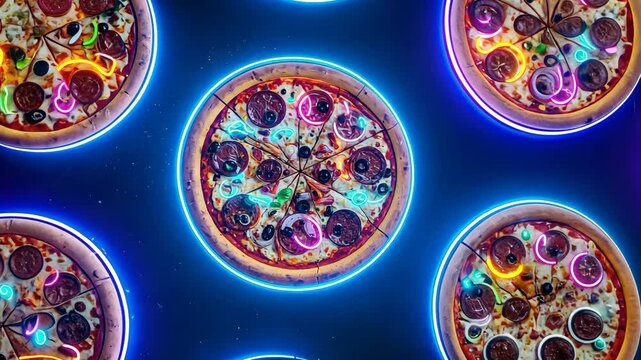 Colorful neon pizzas arranged in a circular pattern with vibrant toppings.